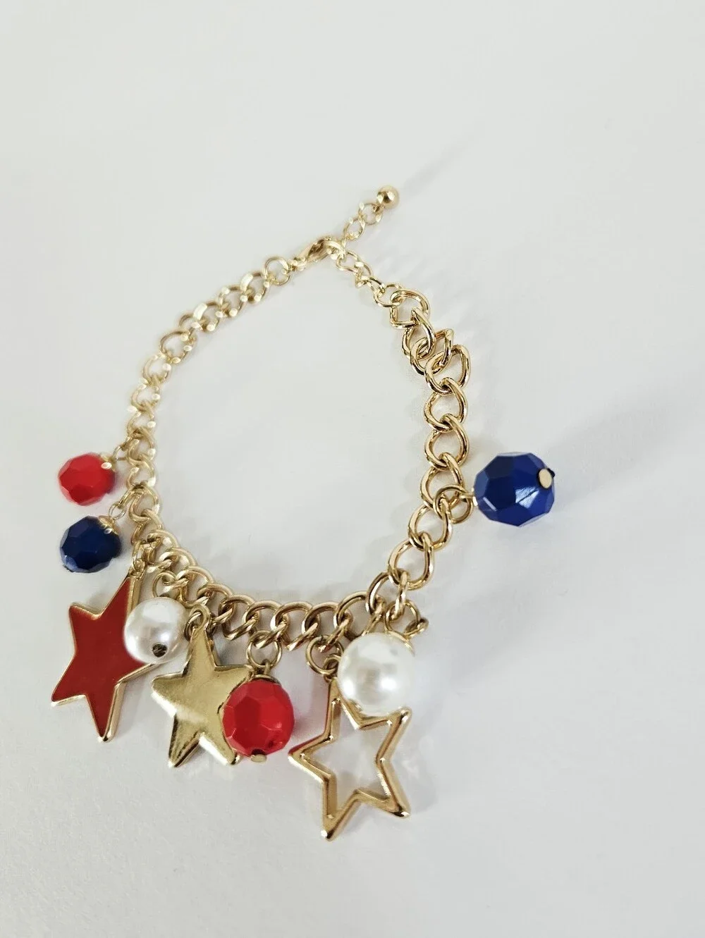 American USA Patriotic Stars Enamel Beaded Gold Tone Chain Chunky Charm Bracelet